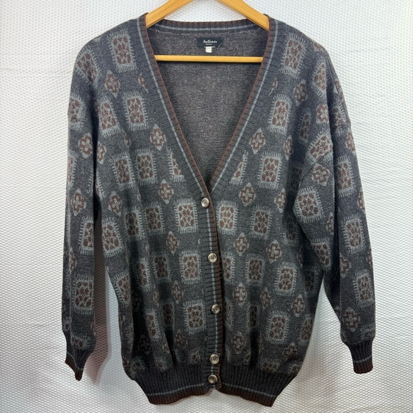 Vintage Julien Seoul Knit Cardigan Geometric Grey Retro Sweater Size M - Picture 2 of 8